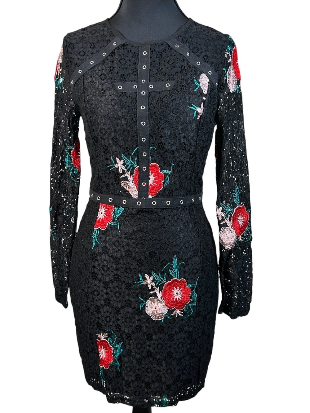 Boohoo Night Black Lace Studded Floral Embroidered Bodycon Mini Dress 4